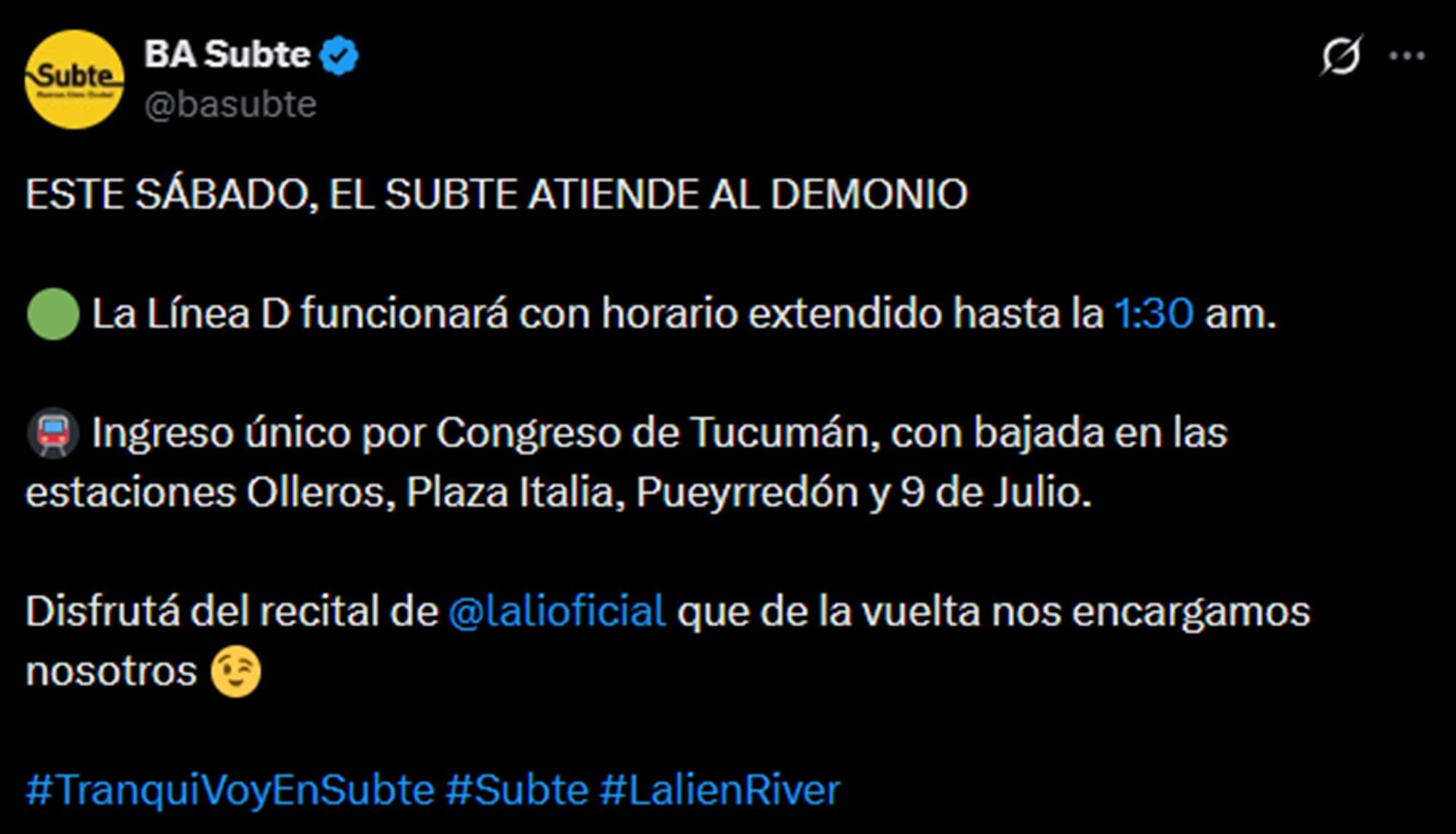 La línea D extiende su horario este sábado para el show de Lali