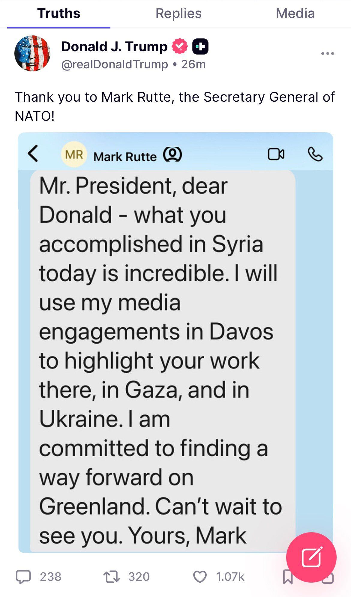 El mensaje que le envió Mark Rutte, secretario general de la OTAN, a Donald Trump, revelado por el presidente en su red Truth Social.