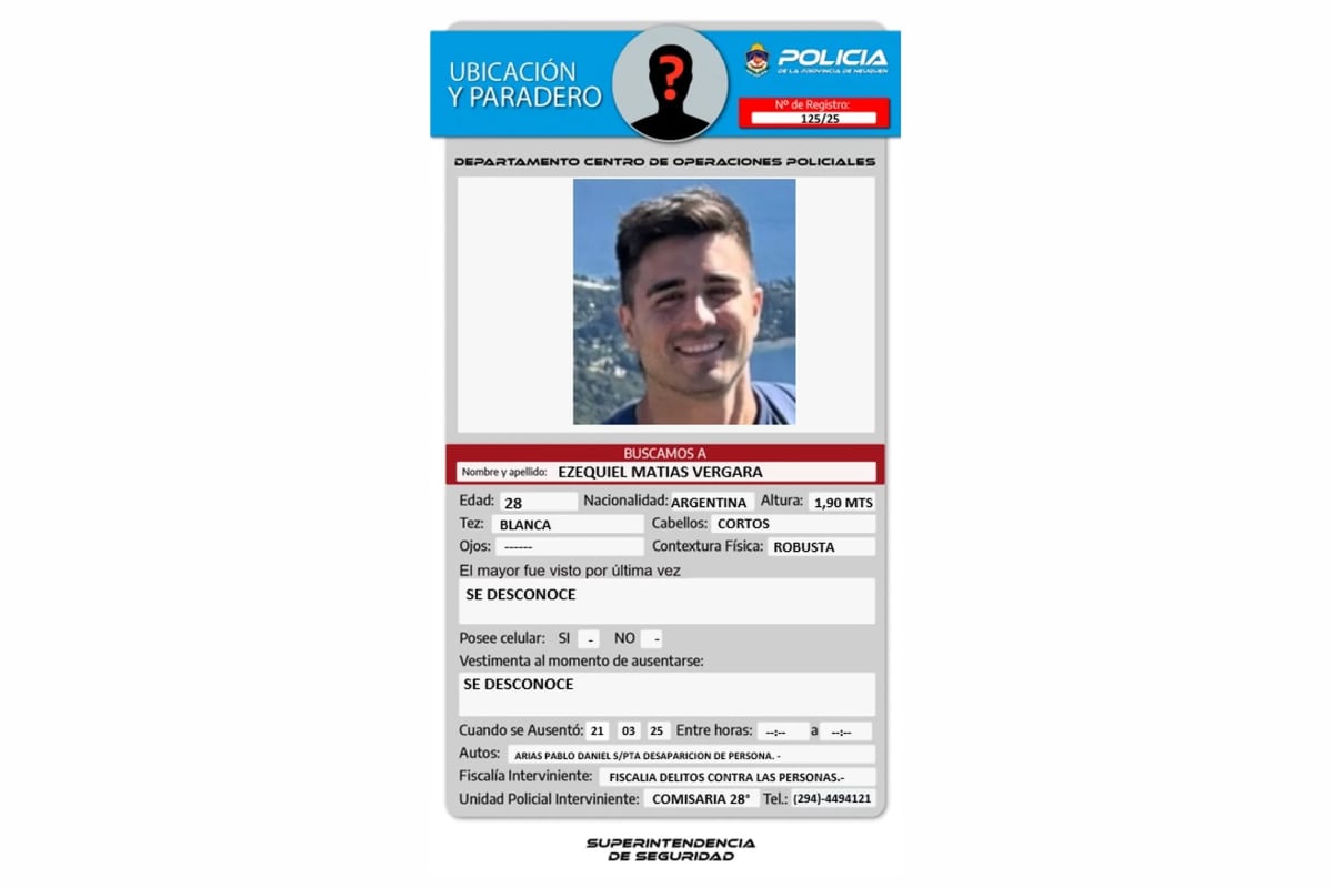 Ezequiel Matías Vergara, un muchacho de 28 años oriundo Neuquén capital, es intensamente buscado por la Brigada de Investigaciones tras ser visto por última vez el pasado viernes en la ciudad de Villa La Angostura