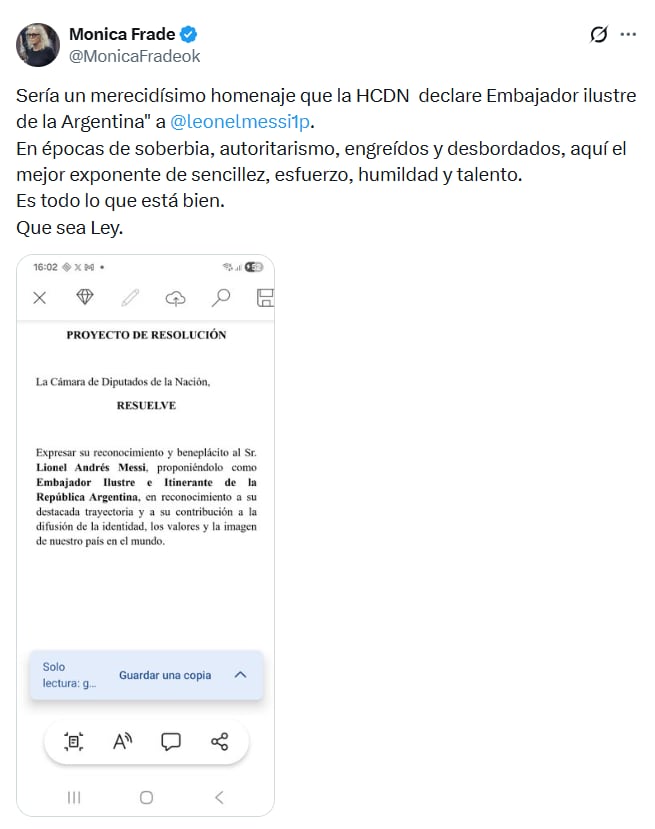 El posteo de la diputada Frade