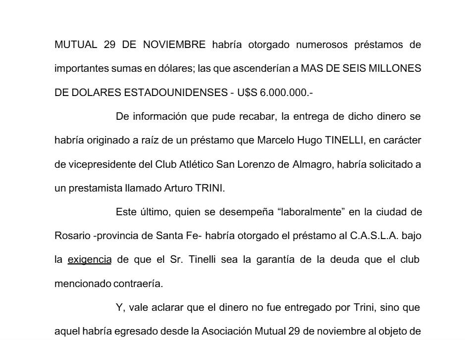 Parte de la denuncia penal que presentó un socio de San Lorenzo donde pide que se investigue el préstamo que recibió Marcelo Tinelli de la Asociación Mutual rosarina