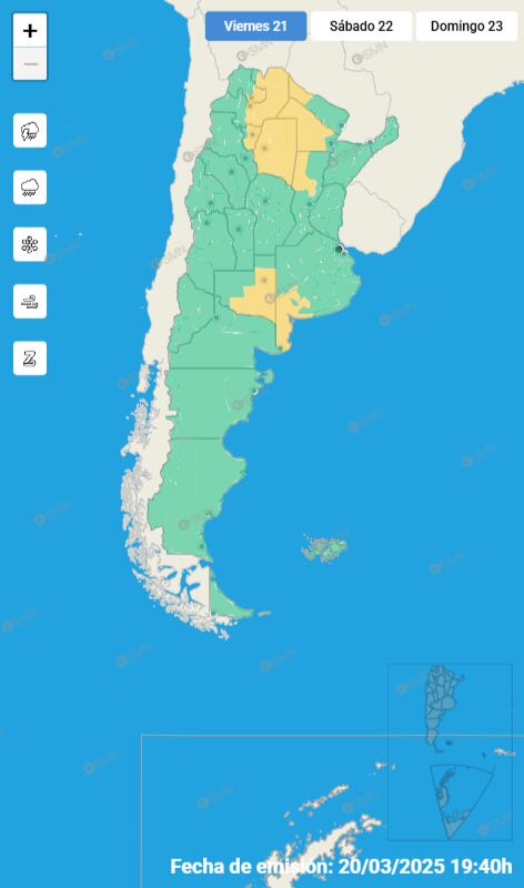Mapa de provincias que estarán bajo alerta amarilla por tormentas