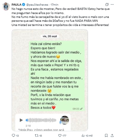 Paula Chaves expuso una conversación por WhatsApp con Zaira Nara (Foto: X)