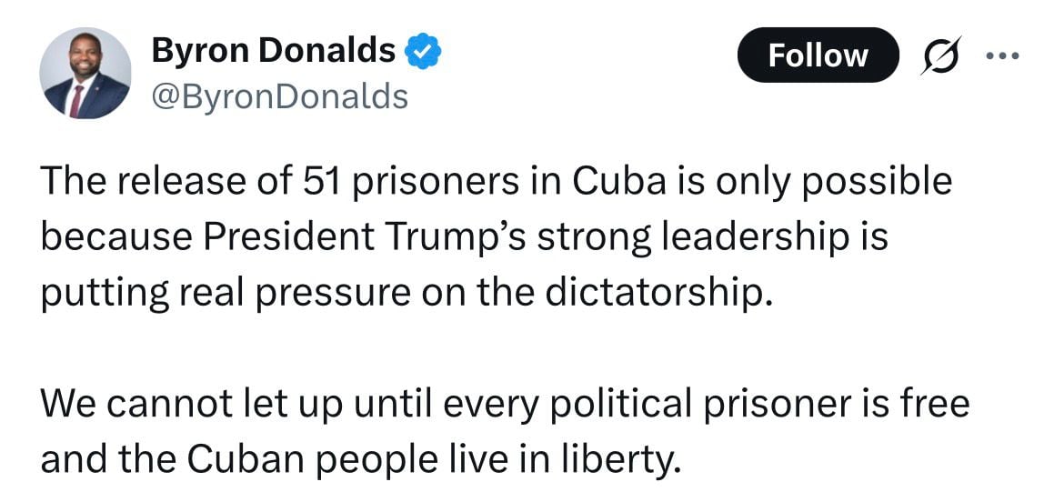 Byron Donalds celebró la liberación de presos en Cuba y elogió a Trump