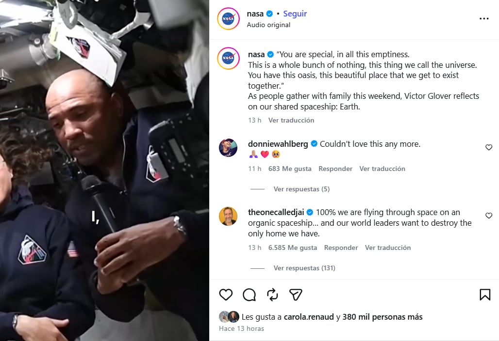 La NASA compartió la reflexión en su cuenta de Instagram
