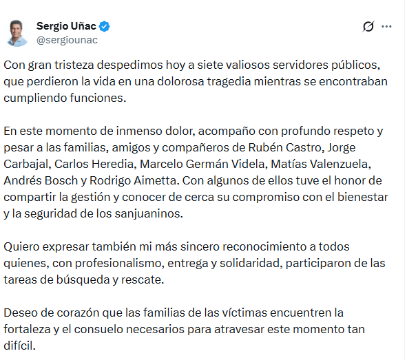 El mensaje de Uñac tras las tragedia