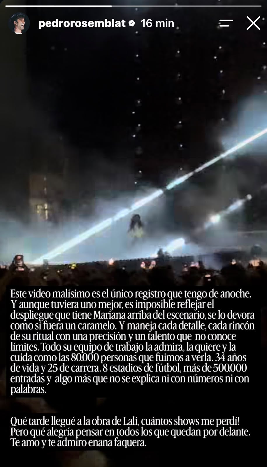 El posteo de Pedro Rosemblat para Lali tras el tercer show en River