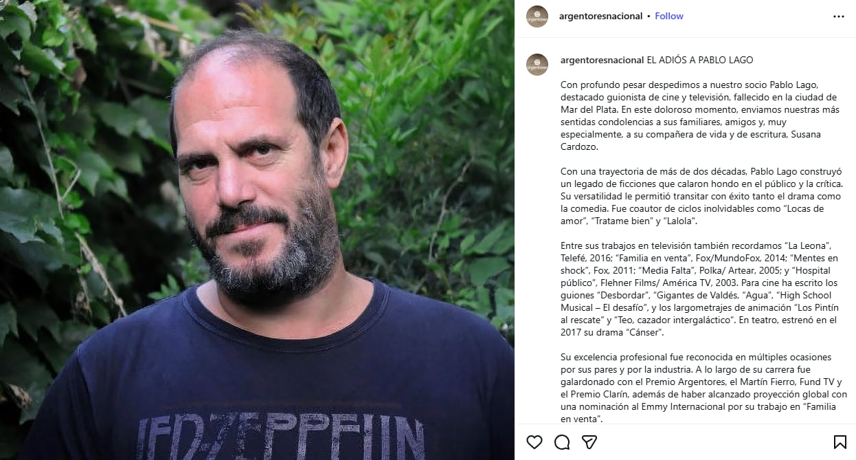 El comunicado de argentores tras la muerte de Pablo Lago (Fuente: @argentoresnacional)