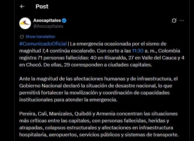 Comunicado de la Asociación de capitales de Colombia