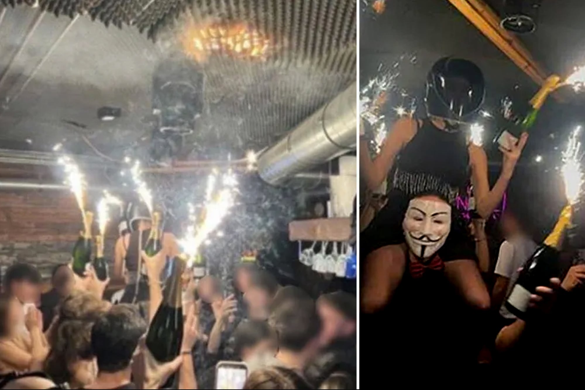 El momento en que las bengalas de las botellas encienden el techo del local