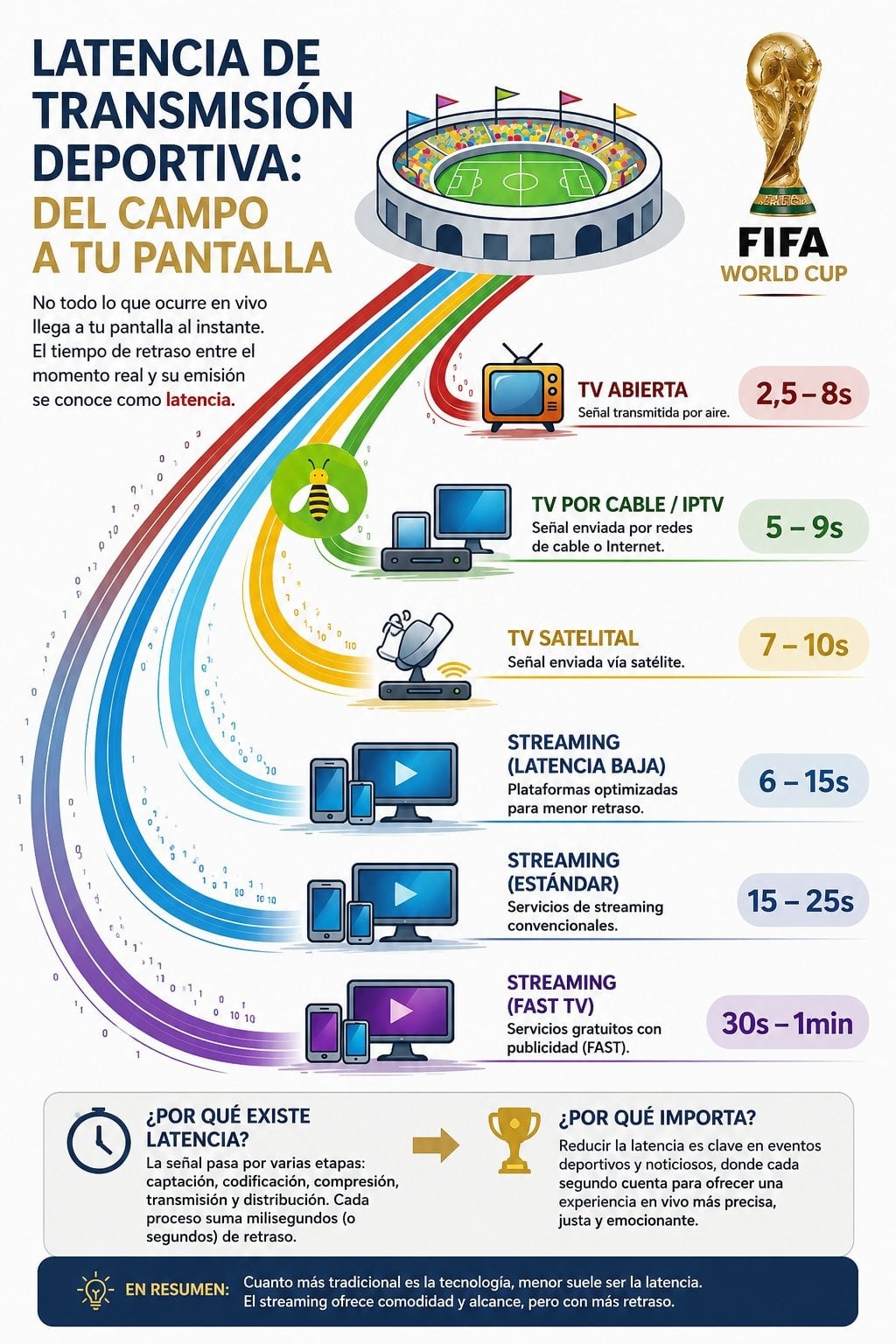 El gráfico que se viralizó en redes sociales muestra con bastante precisión el impacto de la latencia en las distintas formas que será transmitido el Mundial 2026