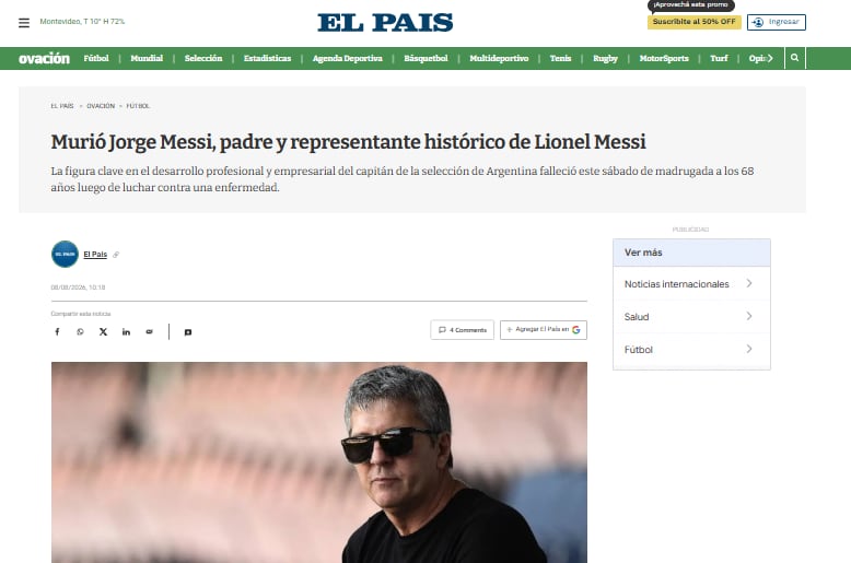 El País de Uruguay informó sobre la muerte de Jorge Messi (Foto: Captura)