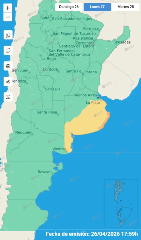 Las alertas emitidas por el SMN para este lunes 27 de abril