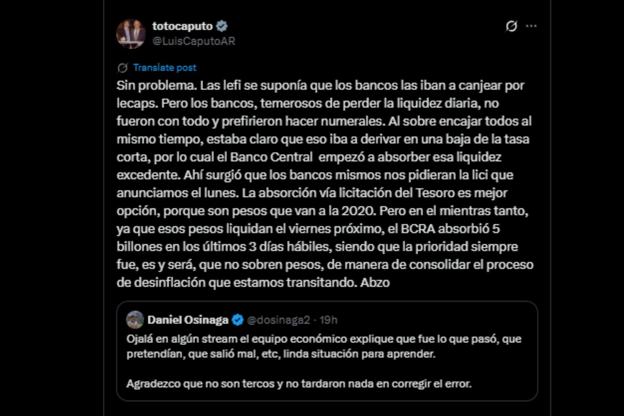El comunicado de Luis Caputo