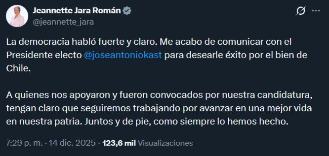 Jara admitió la derrota a través de su cuenta de X