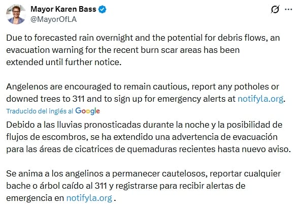 Se extiende la advertencia de evacuación para las áreas afectadas por incendios en Los Ángeles