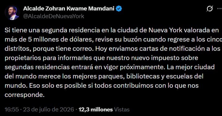 El anuncio de Mamdani en redes sobre el nuevo impuesto sobre segundas residencias