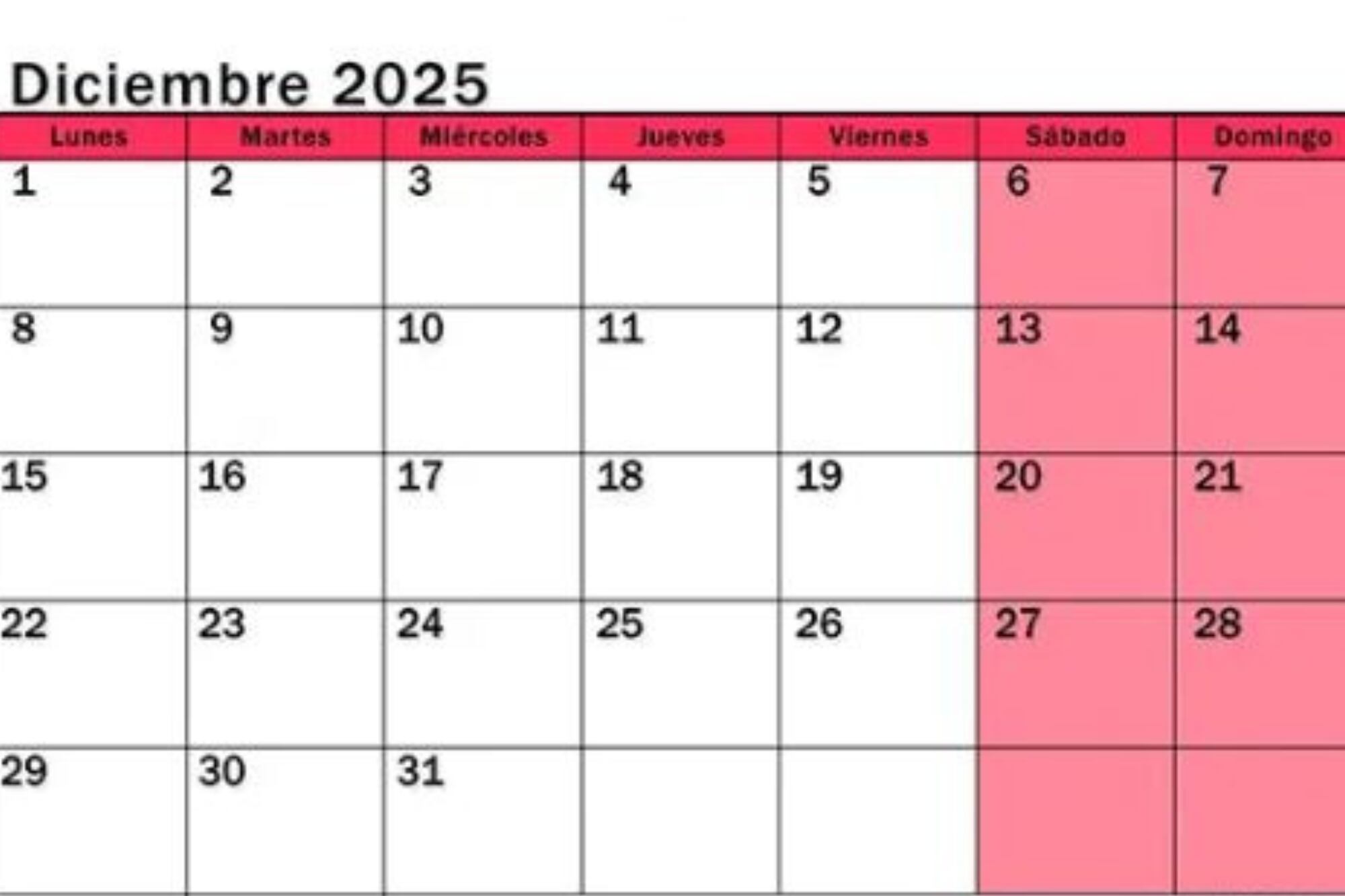 El calendario de diciembre para marcar actividades