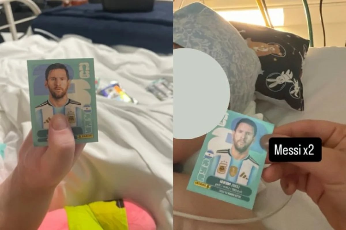 La mano de Bastián sosteniendo dos figuritas de Lionel Messi, imagen que compartió su mamá en redes sociales mientras el niño continúa con su recuperación y busca completar el álbum del Mundial 2026