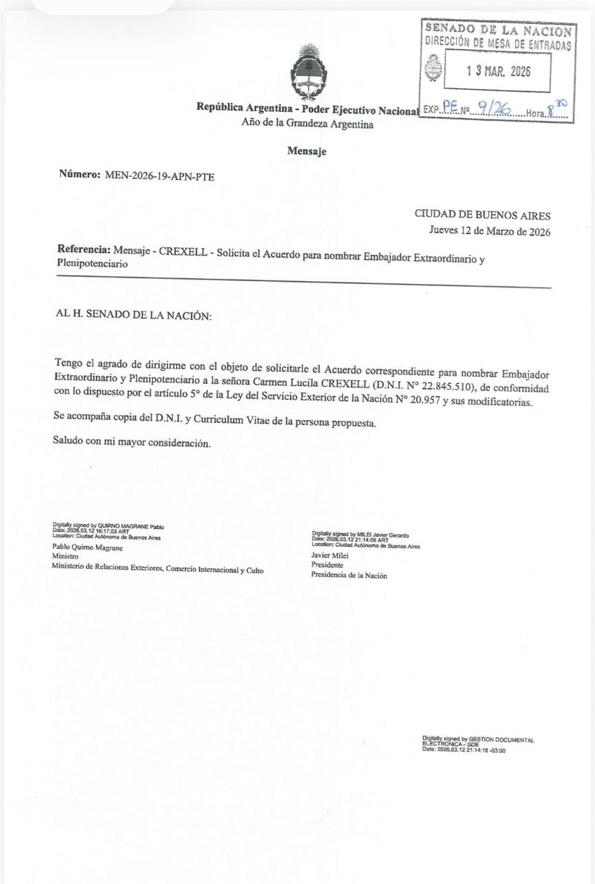 El pliego de Crexell firmado por Milei y Quirno para ser designada embajadora en Canadá