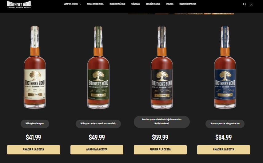 Los precios de los distintos tipos de whiskys que venden en la página oficial