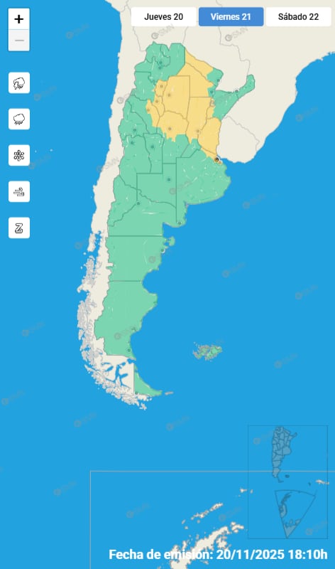 El mapa de alertas para este viernes 21 de noviembre