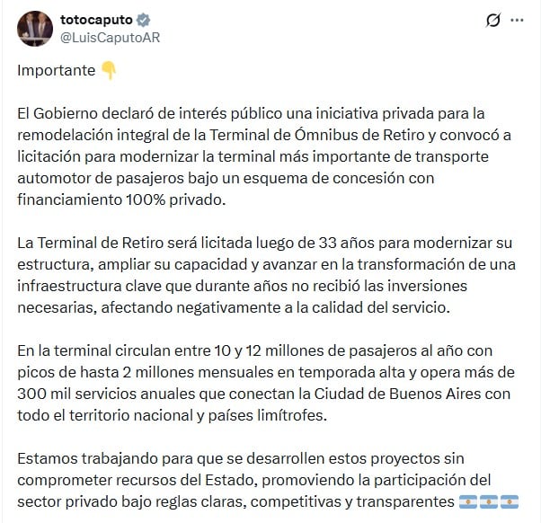El mensaje de Luis Caputo sobre la modernización de la terminal de Retiro