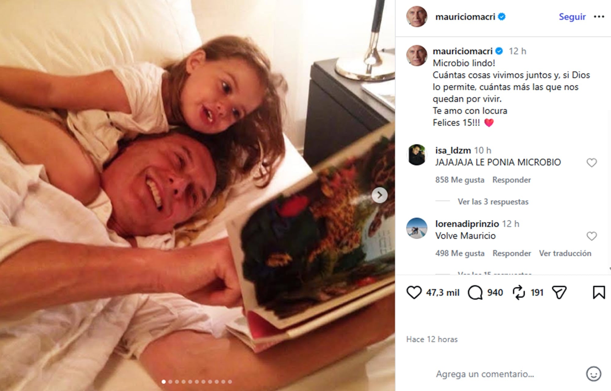 Mauricio Macri también utilizó su cuenta de Instagram para celebrar un nuevo cumpleaños de Antonia