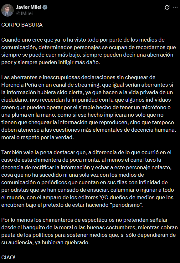 Javier Milei apuntó contra Florencia Peña tras la falsa noticia del padre de Messi 7 La publicación de Milei contra Florencia Peña
