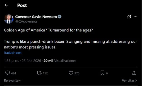 Gavin Newsom contra Trump tras el discurso del Estado de la Unión