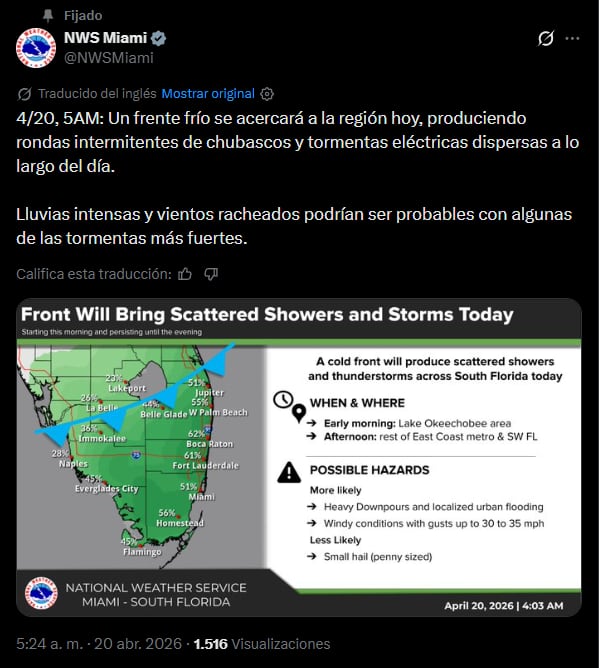 El mensaje del NWS con sede en Miami a través de su cuenta oficial de X