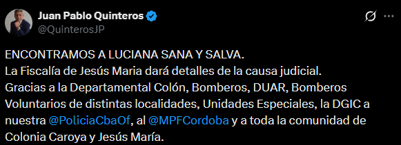 La publicación del ministro de Seguridad de Córdoba sobre la joven desaparecida