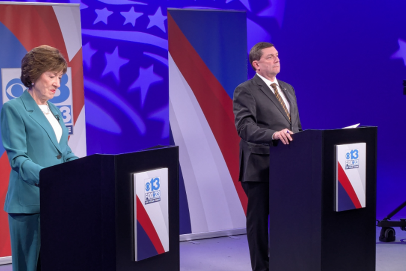 La senadora republicana Susan Collins, que busca su reelección, en el debate esta semana con el candidato demócrata, Troy Jackson.