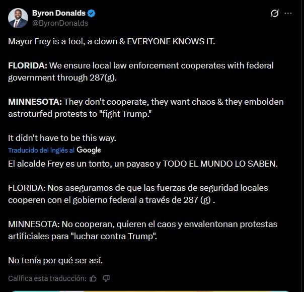 Byron Donalds apuntó contra Jacob Frey en X