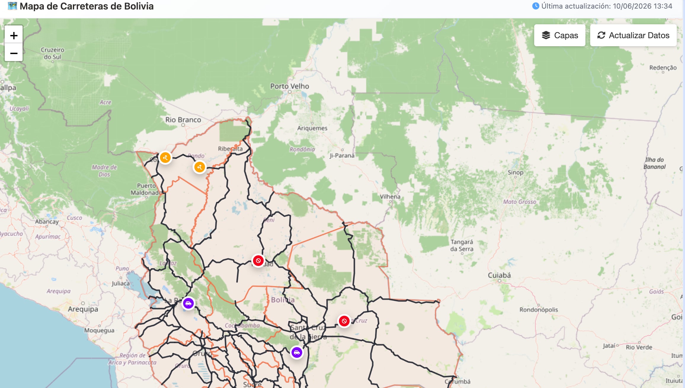 Mapa de las rutas cortadas