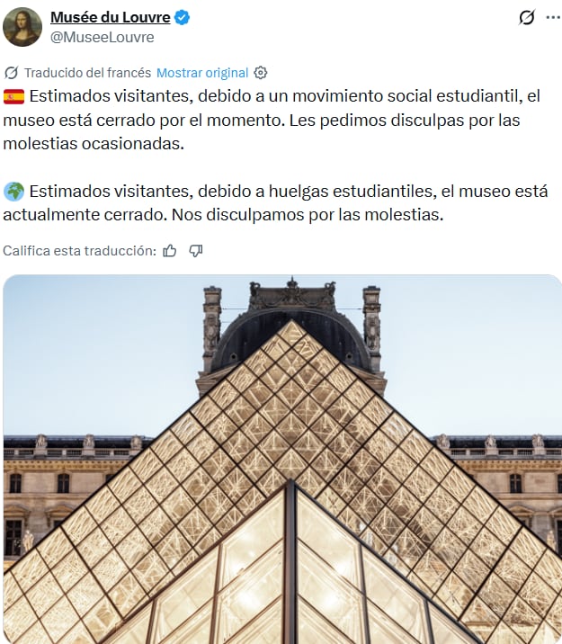 El Louvre anunció a los visitantes que sus puertas están cerradas por una protesta estudiantil