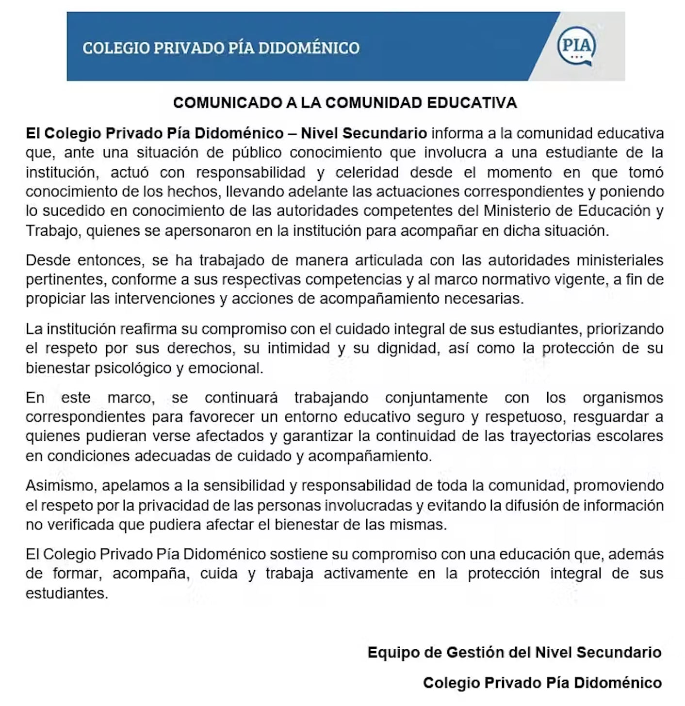 “Le dio un brote psicótico, se sacaba los pelos y yo lo disfrutaba”: el caso de bullying que conmociona a Catamarca 6 El comunicado del colegio tras lo ocurrido