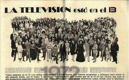 Publicidad de la programación de Canal 13 con Gaby, Fofó y Miliki en el centro, 1972