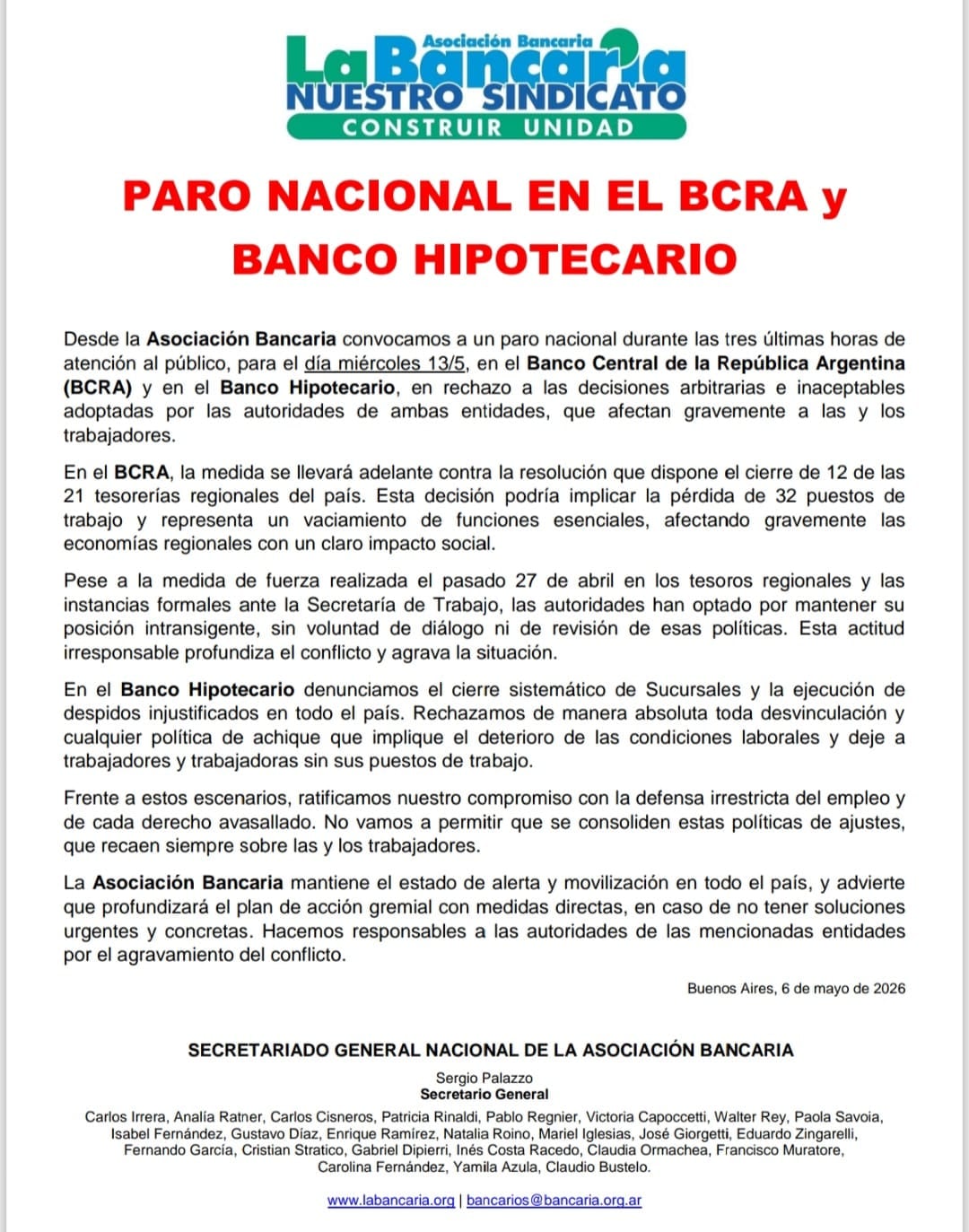 Comunicado de la Asocición Bancaria sobre el paro nacional en el BCRA y el Banco Hipotecario el próximo miércoles 13 de mayo