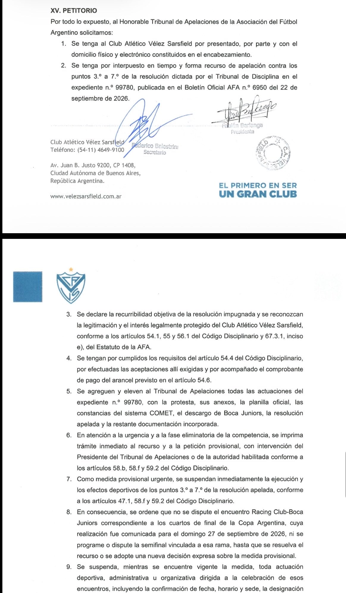 Vélez apeló el fallo del Tribunal de Disciplina sobre Boca y pidió que no se juegue el partido contra Racing el domingo.
