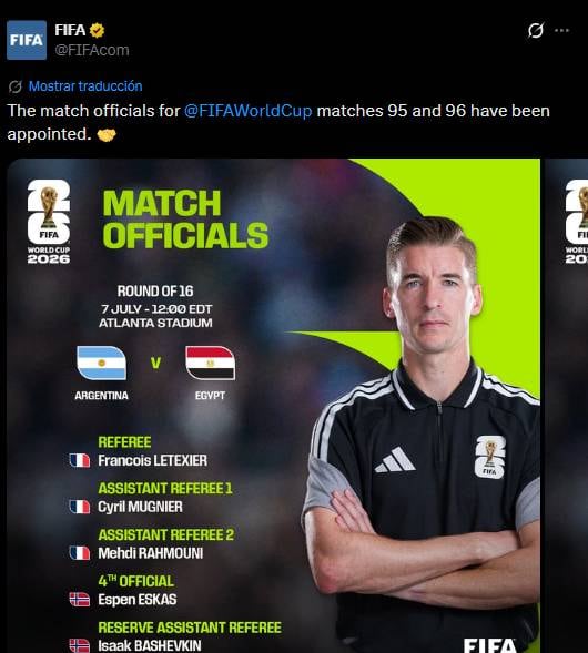 Un árbitro francés dirigirá el partido entre Argentina y Egipto por los octavos de final.