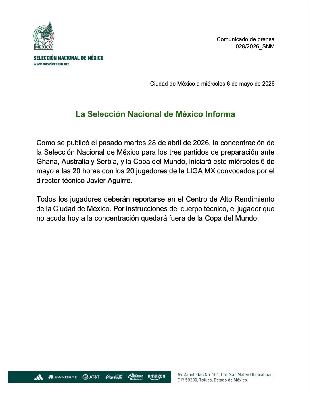 Comunicado de la selección de México