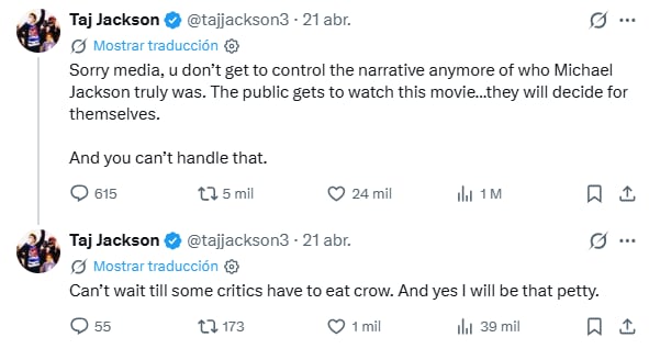 Los mensajes de Taj Jackson, uno de los sobrinos de Michael, respondió a quienes criticaron la película (Foto: X)