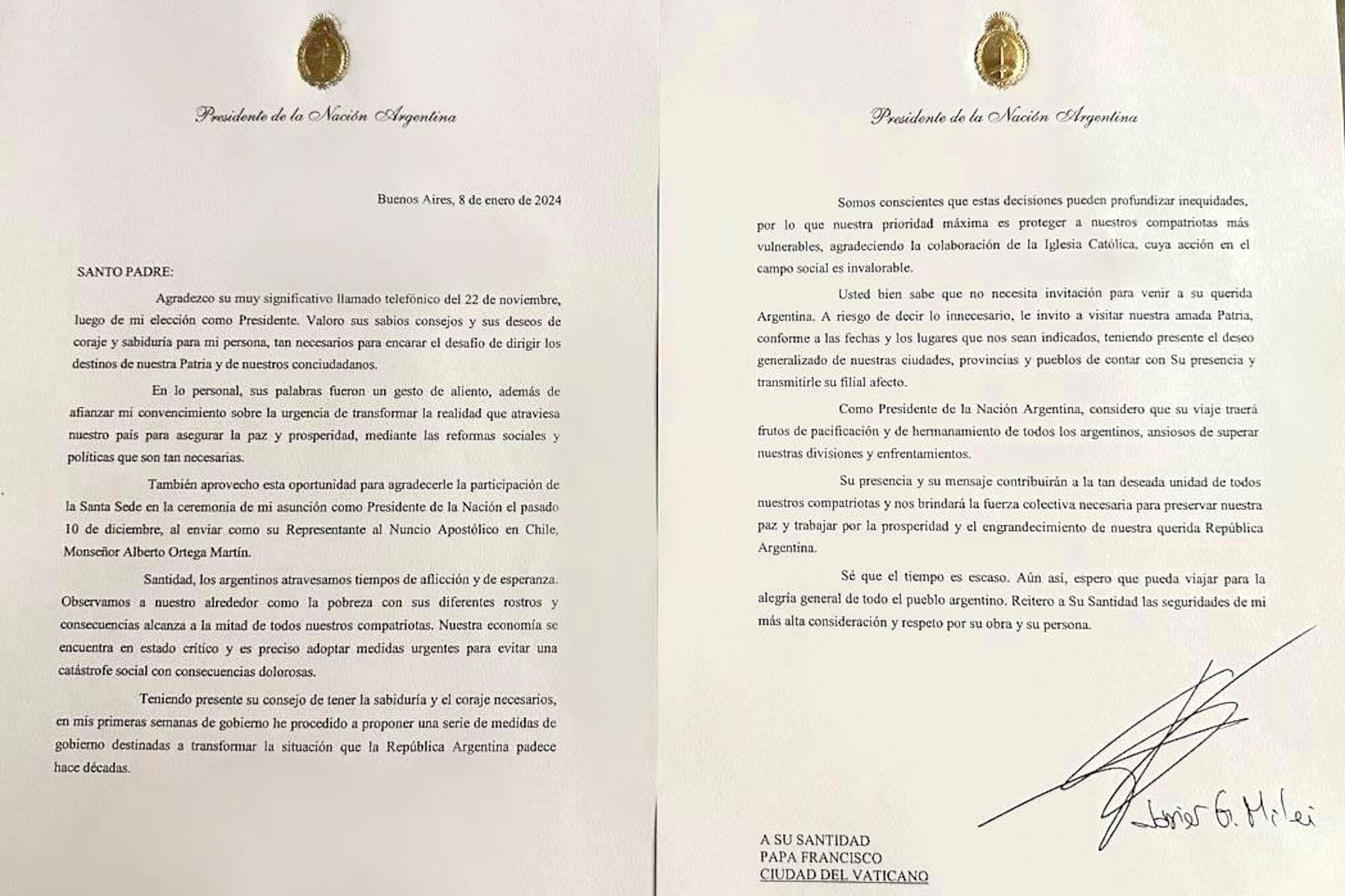 La carta de Milei al Papa