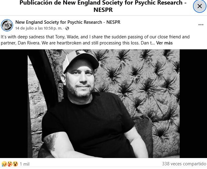 La Sociedad de Nueva Inglaterra para la Investigación Psíquica anunció la muerte de Dan en Facebook