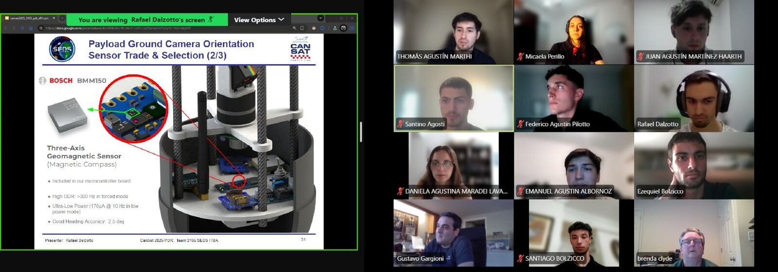 Integrantes del equipo SEDS ITBA durante la defensa del PDR (Preliminary Design Review), una de las etapas clave de la competencia CanSat, en la que deben presentar en inglés técnico el diseño preliminar del satélite ante un jurado internacional