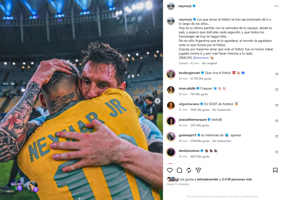 La otra imagen que eligió Neymar para acompañar su posteo para Messi