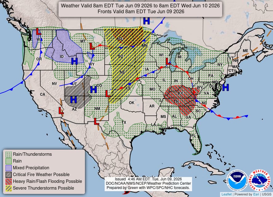El Servicio Meteorológico Nacional (NWS) decretó un riesgo leve de precipitaciones excesivas para las Grandes Llanuras y el valle superior del Mississippi
