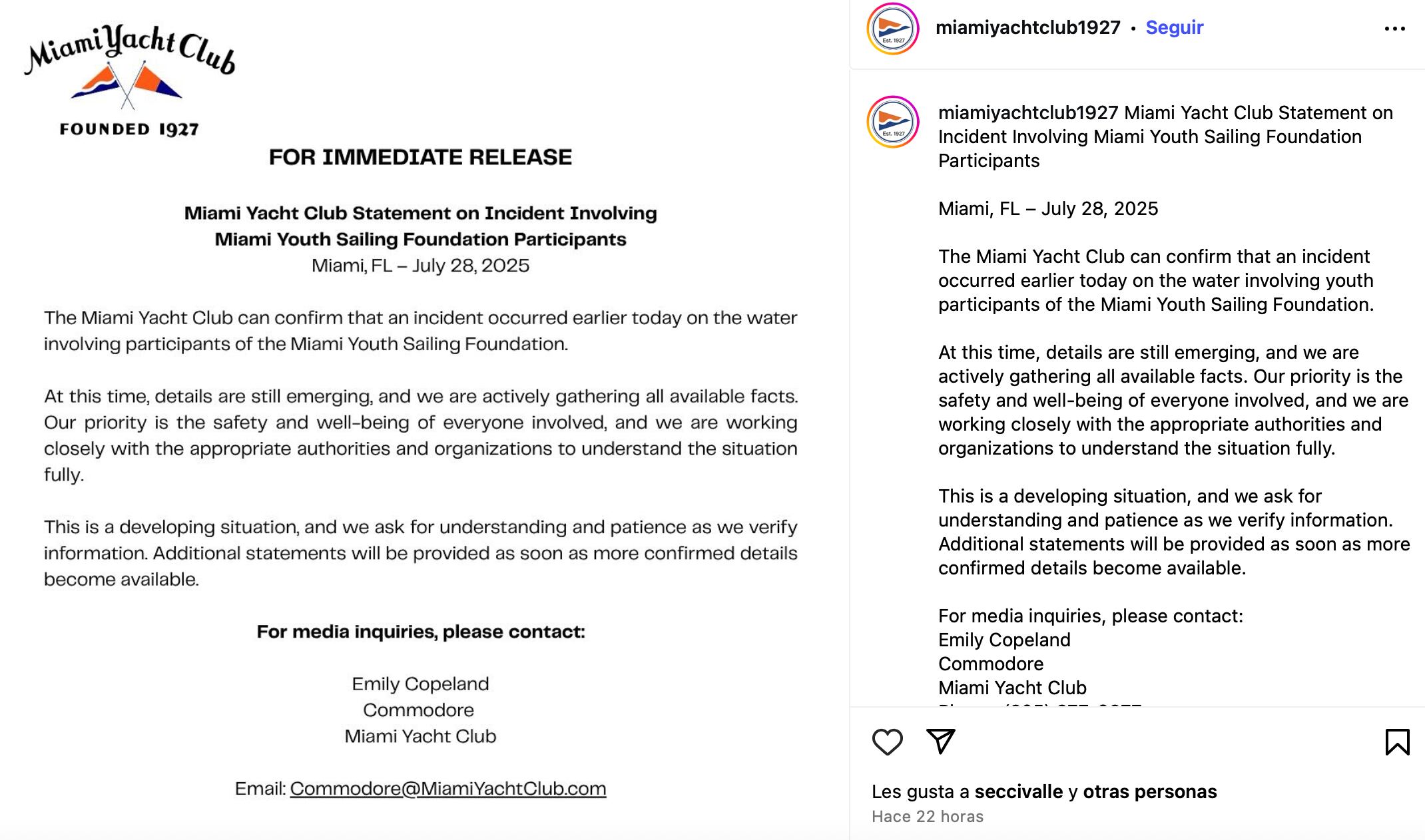 El comunicado oficial fue emitido por el Miami Yacht Club el lunes 28 de julio de 2025