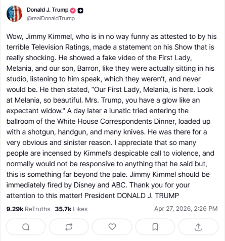 La declaración de Trump tras el reclamo de Melania a Kimmel